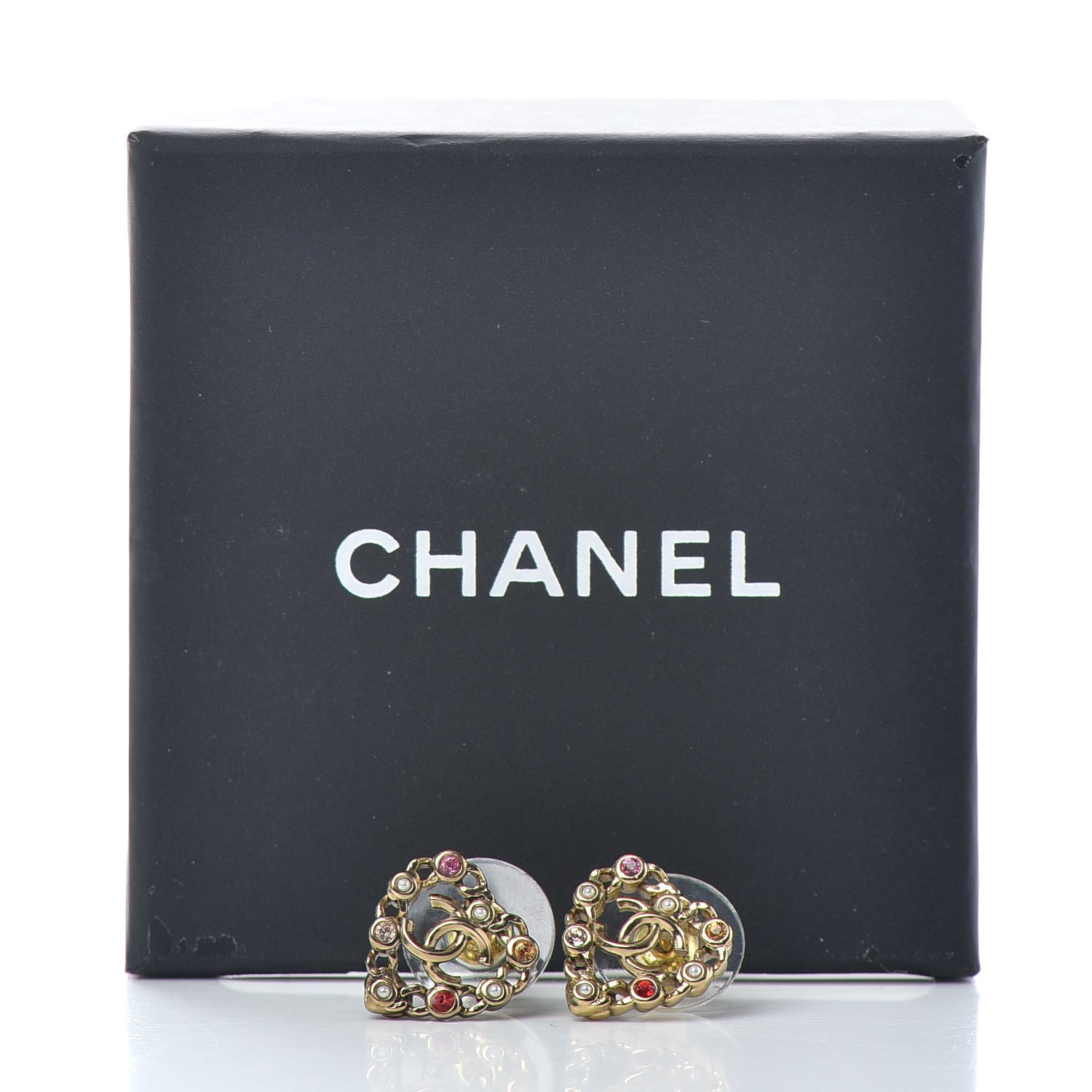 Chanel Pearl Crystal CC Heart Earrings Gold Multicolor 5 of 5