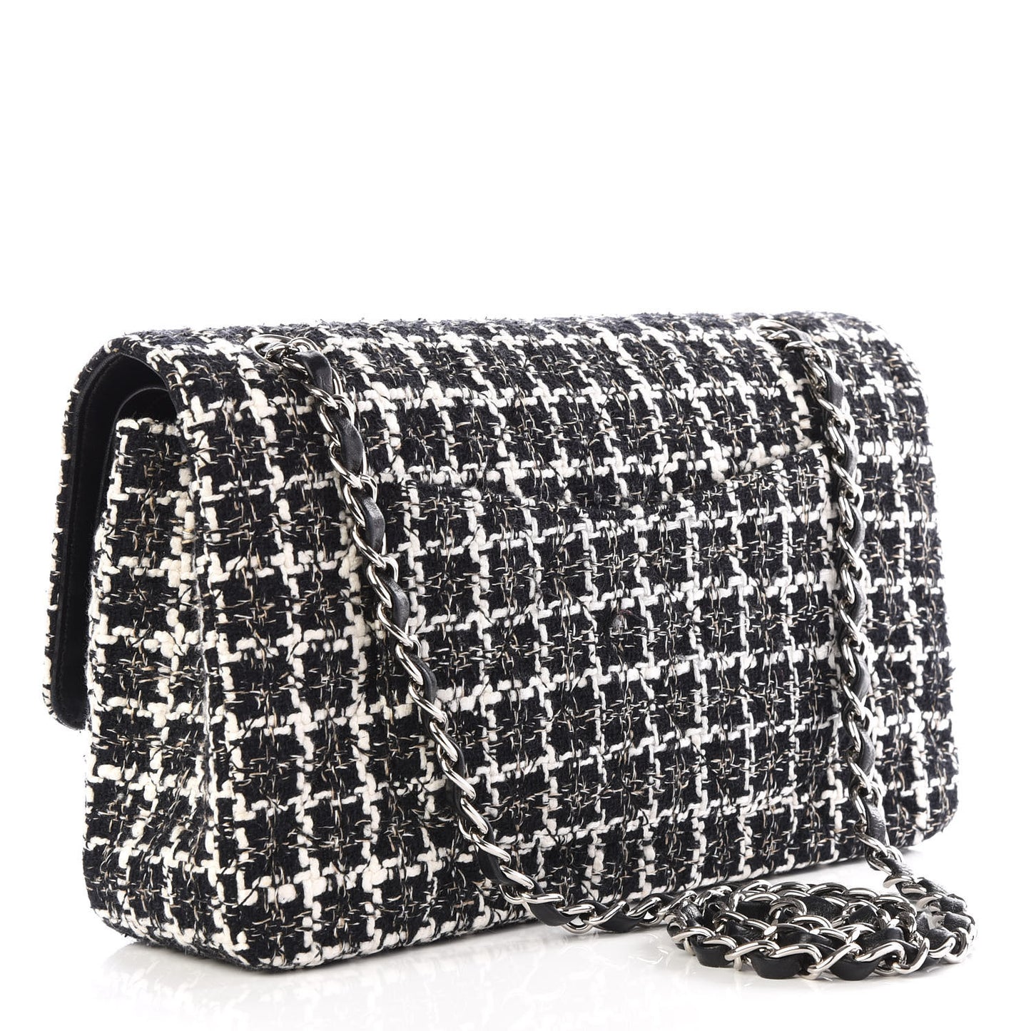 Tweed Quilted Medium Double Flap Black White