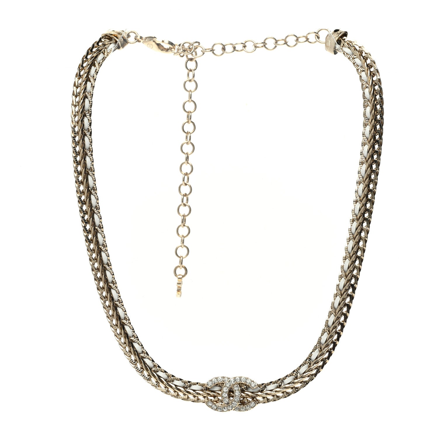 Chanel Metal Lambskin Crystal CC Choker Necklace Gold White 1 of 6