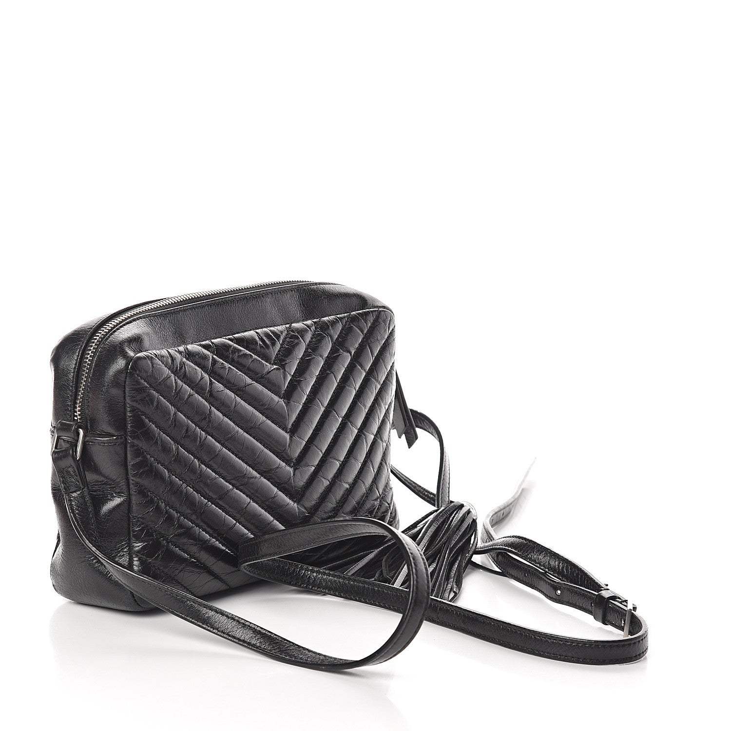Saint Laurent Cracked Shiny Calfskin Matelasse Monogram Lou Camera Bag Black 2 of 7