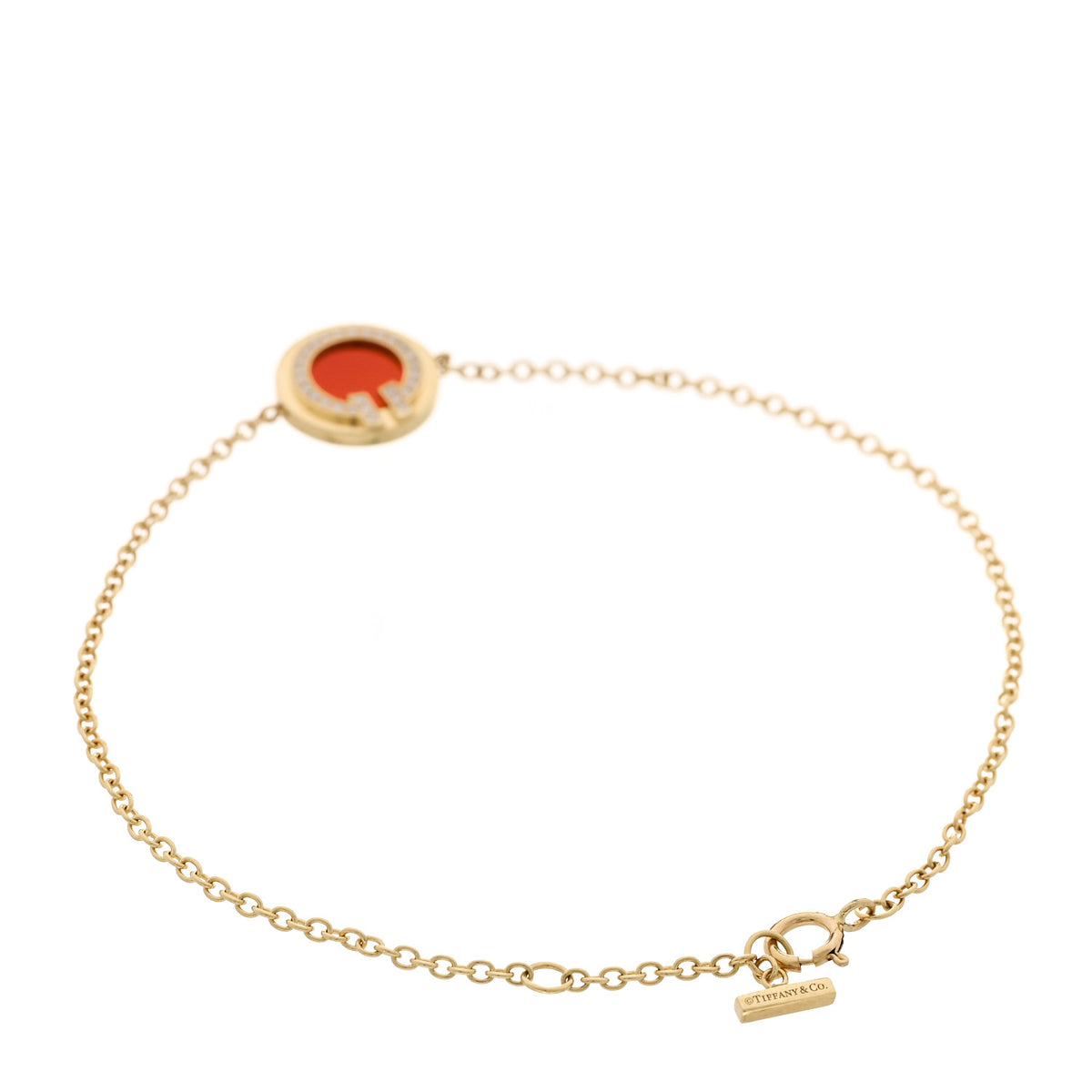 Tiffany 18K Yellow Gold Diamond Carnelian T Circle Bracelet 2 of 4