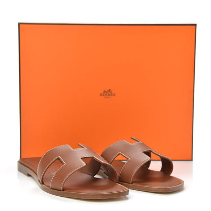 Hermes Box Calfskin Oran Sandals 37.5 Gold 8 of 8