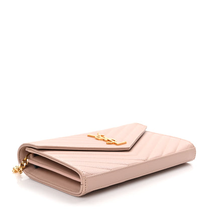 Saint Laurent Grain De Poudre Matelasse Chevron Monogram Chain Wallet Pale Pink 4 of 10