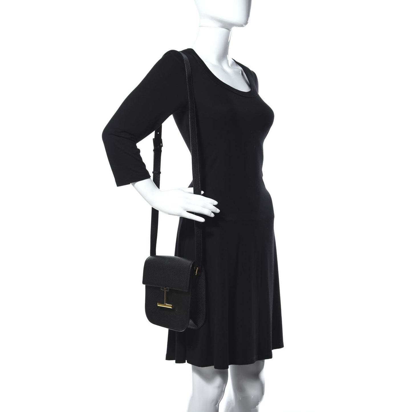 Grained Calfskin Small T Clasp Tara Crossbody Bag Black