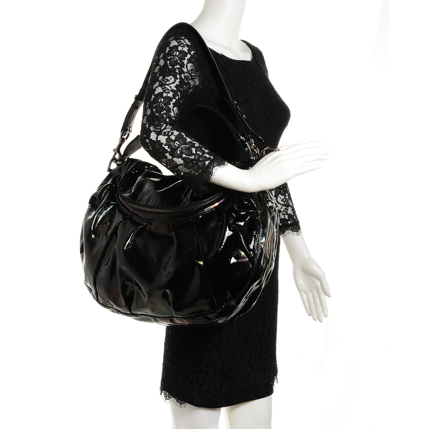Iridescent Patent Medium Icon Bit Shoulder Bag Black