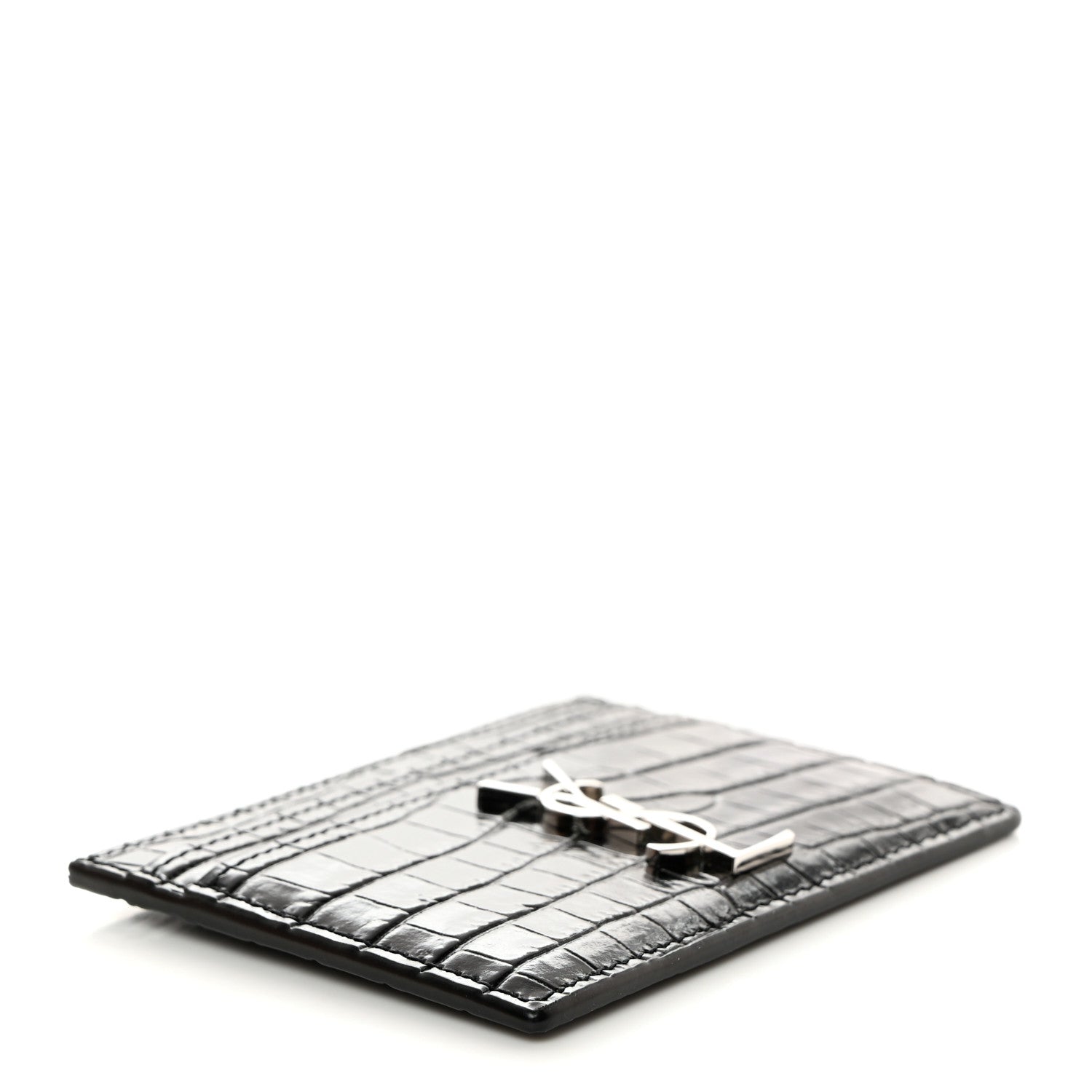 Saint Laurent Calfskin Crocodile Embossed Monogram Credit Card Case Black 4 of 7