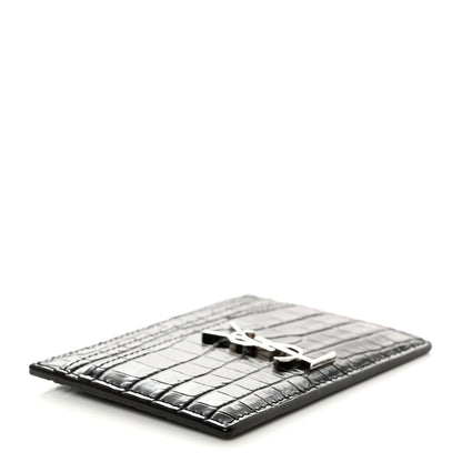 Saint Laurent Calfskin Crocodile Embossed Monogram Credit Card Case Black 4 of 7
