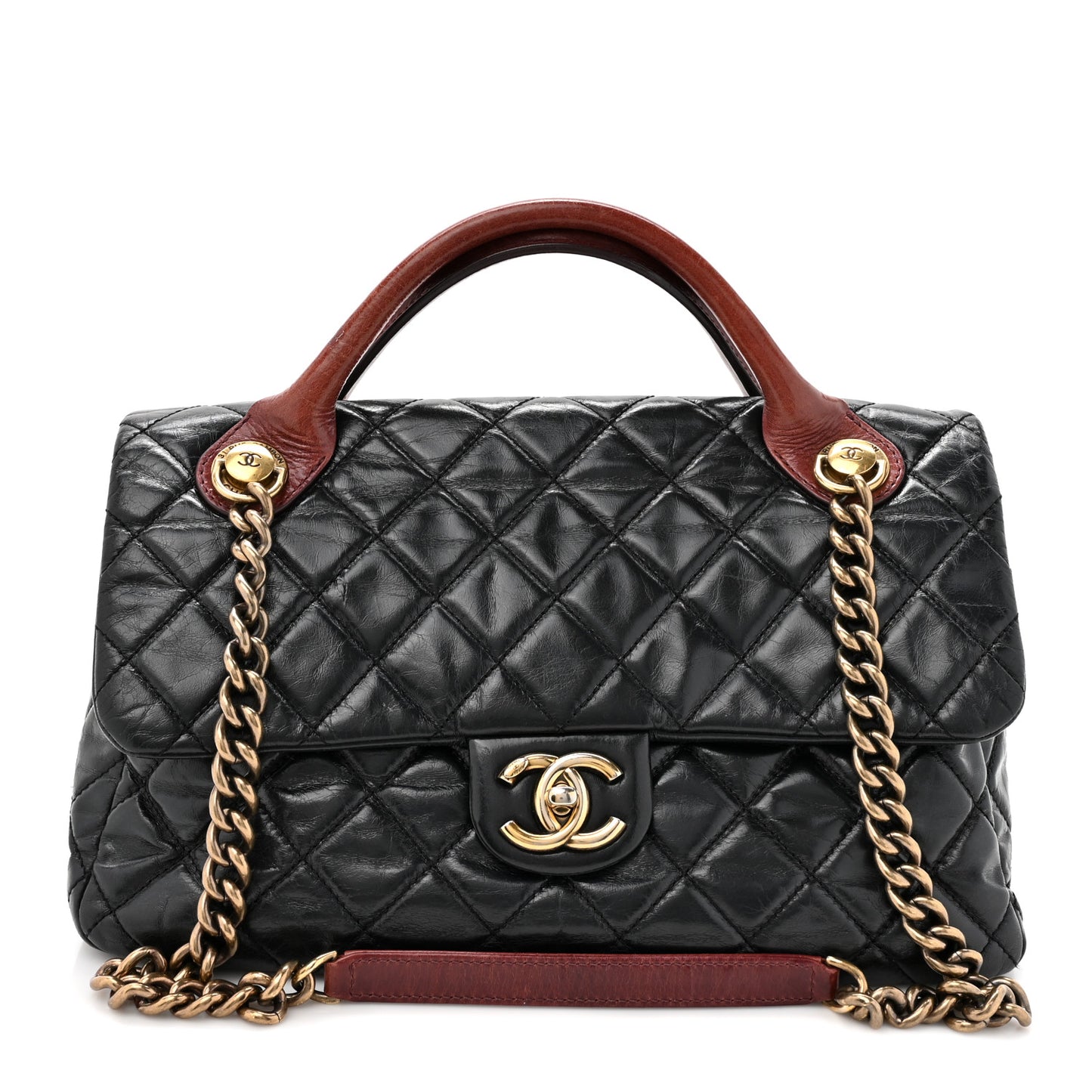 Glazed Calfskin Castle Rock Large Flap Black Burgundy
