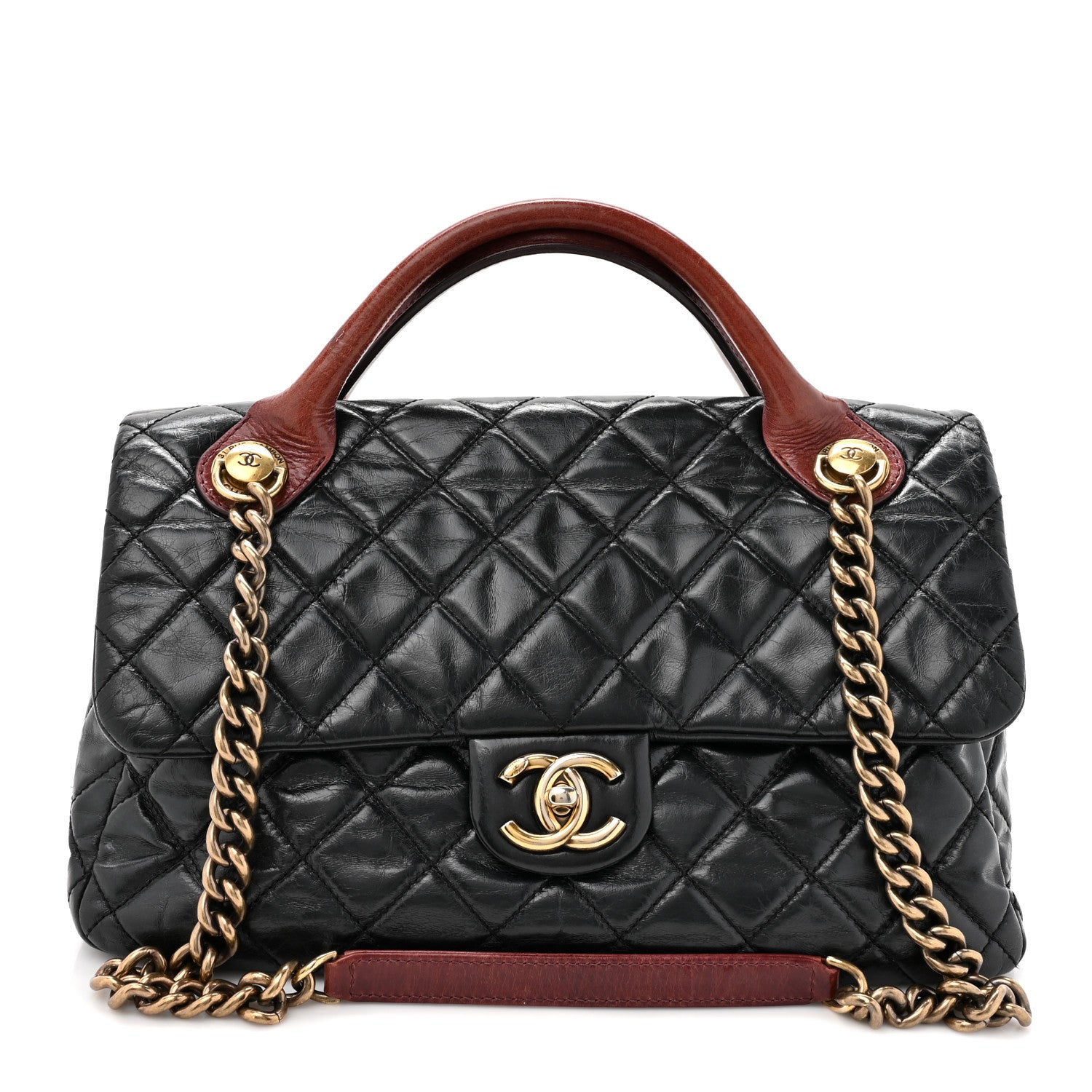 Chanel Glazed Calfskin Castle Rock Large Flap Black Burgundy 1 of 15