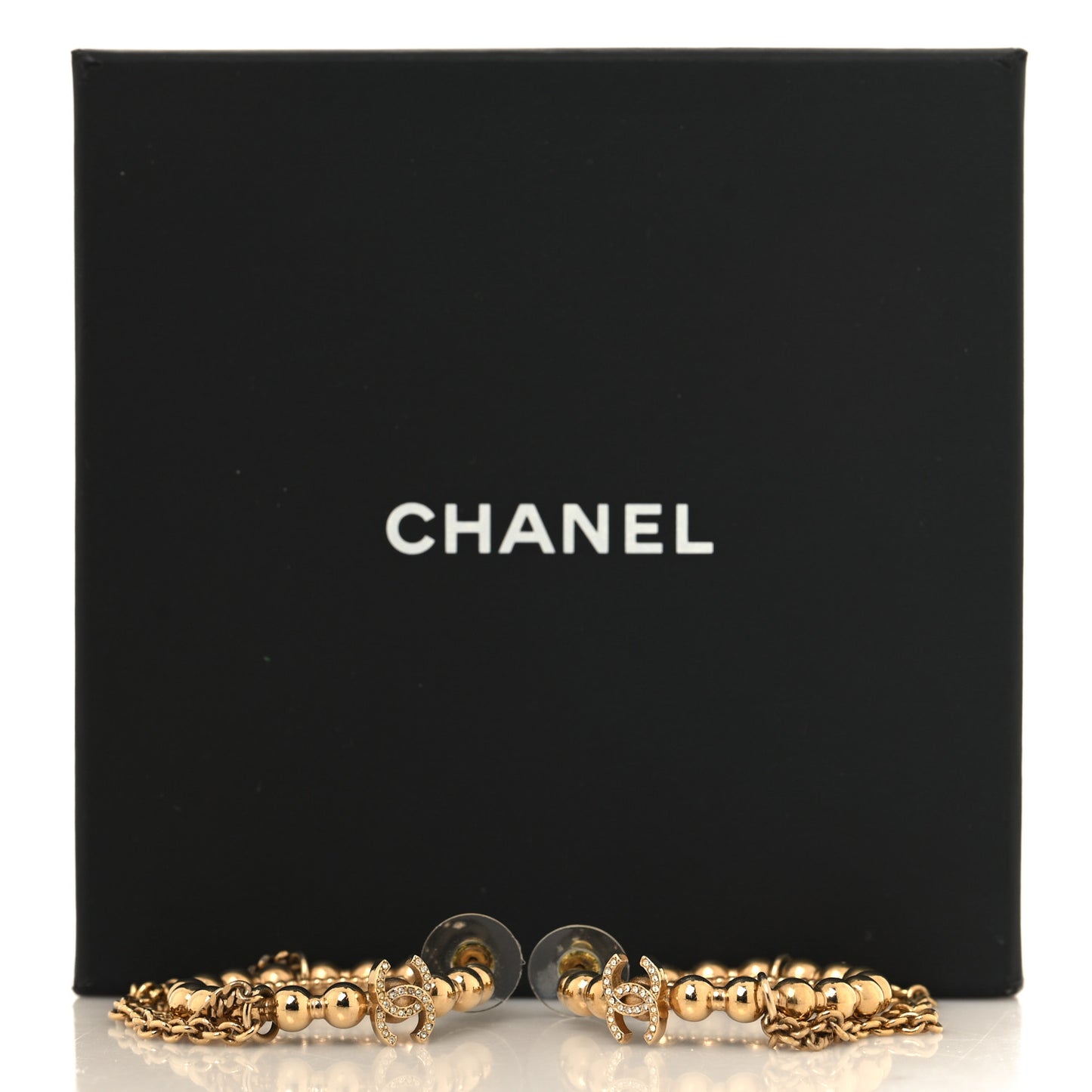 Metal Crystal Bead Chain CC Hoop Earrings Gold