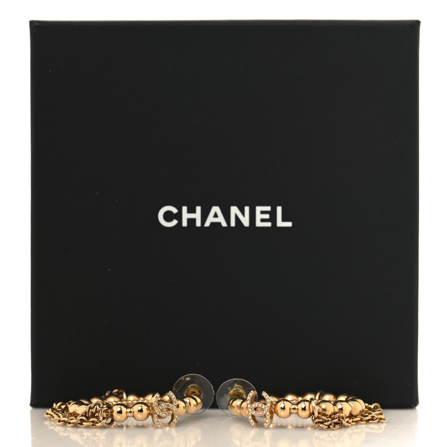 Chanel Metal Crystal Bead Chain CC Hoop Earrings Gold 6 of 6