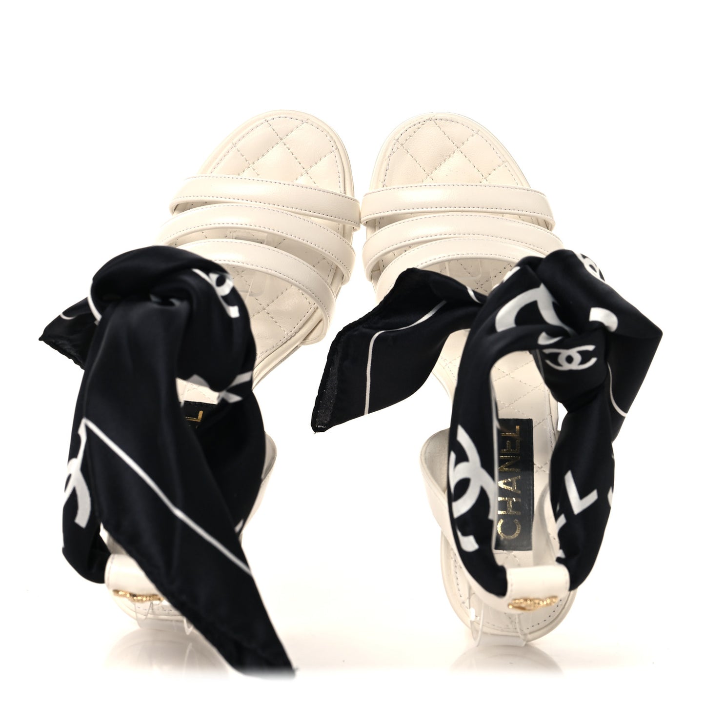 Lambskin Silk CC Wrap Ankle Sandals 38 White Black