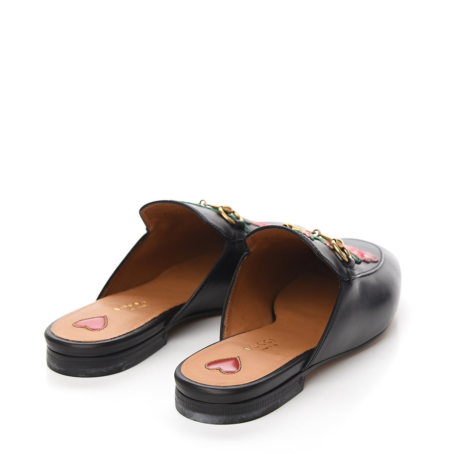 Calfskin Flower Embroidered Womens Princetown Slippers 37.5 Black