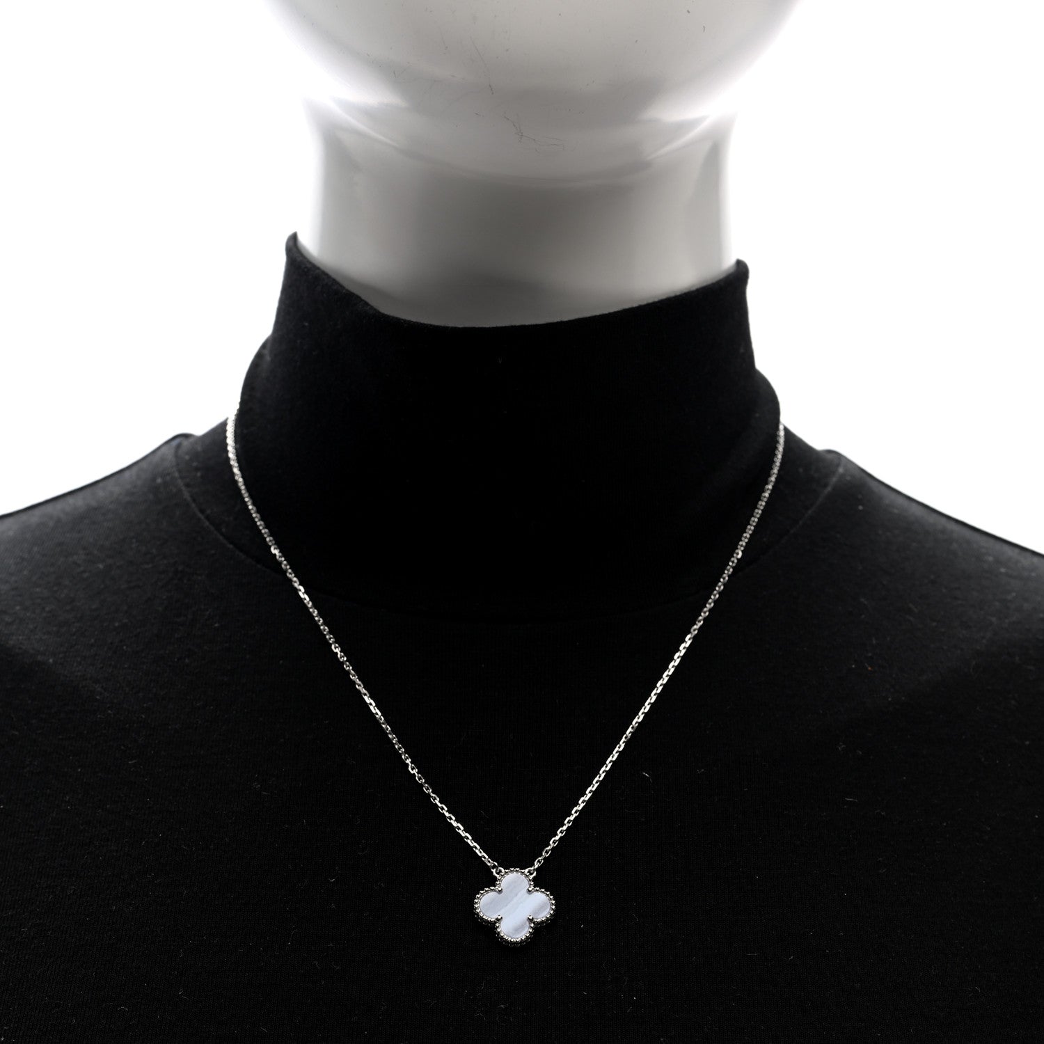 Van Cleef & Arpels 18k White Gold Chalcedony Vintage Alhambra Pendant Necklace 2 of 4