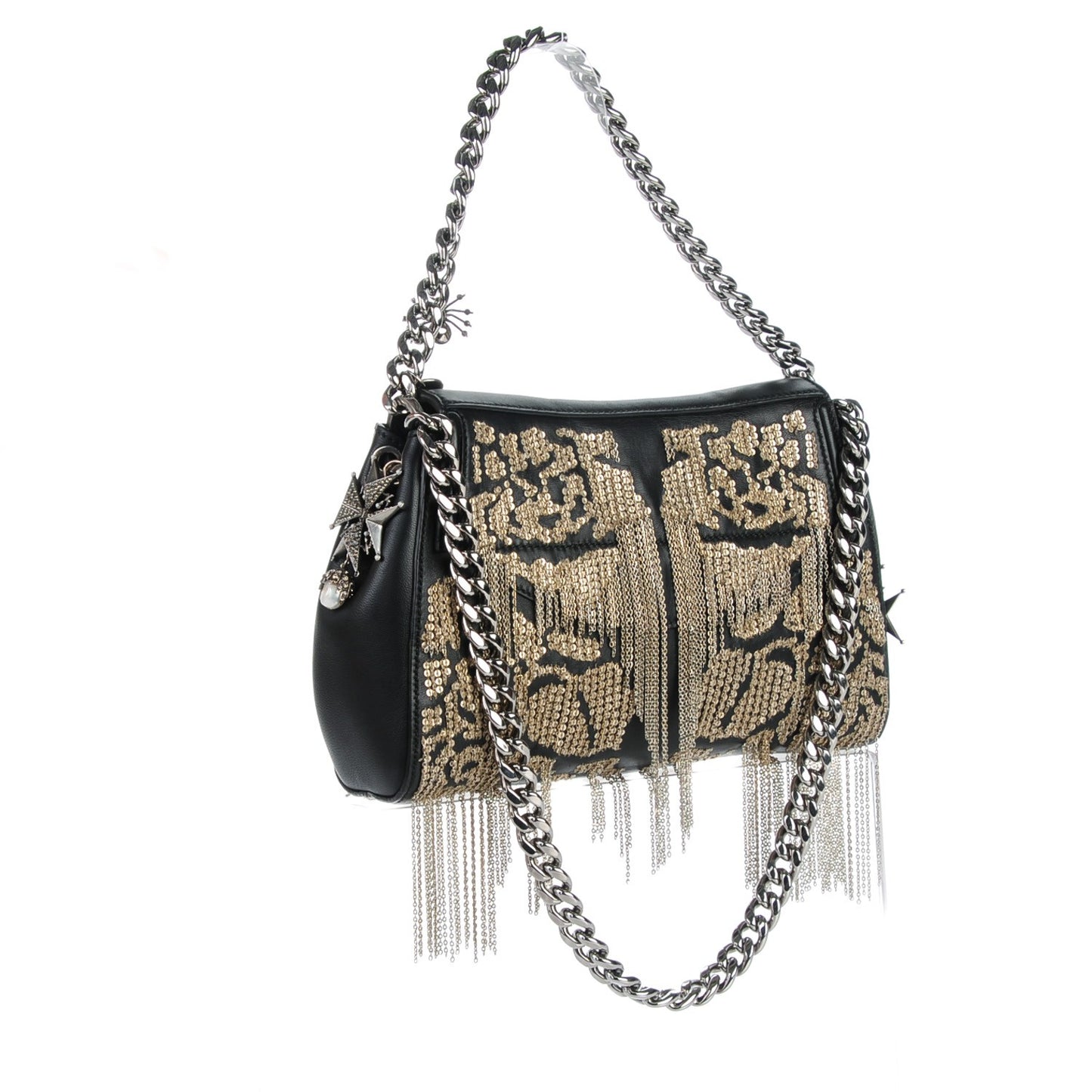 Nappa Embroidered Chain Medallion Heraldic Satchel Black