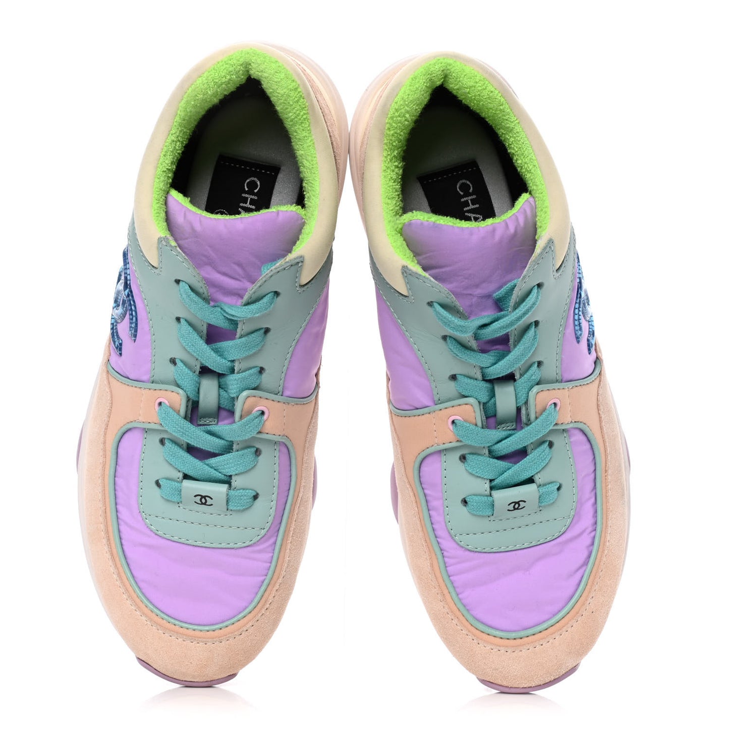 Nylon Lambskin Suede Calfskin CC Sneakers 37 Green Purple Pink