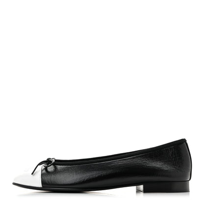 Chanel Crumpled Shiny Lambskin Cap Toe CC Ballerina Flats 36.5 Black White 1 of 10