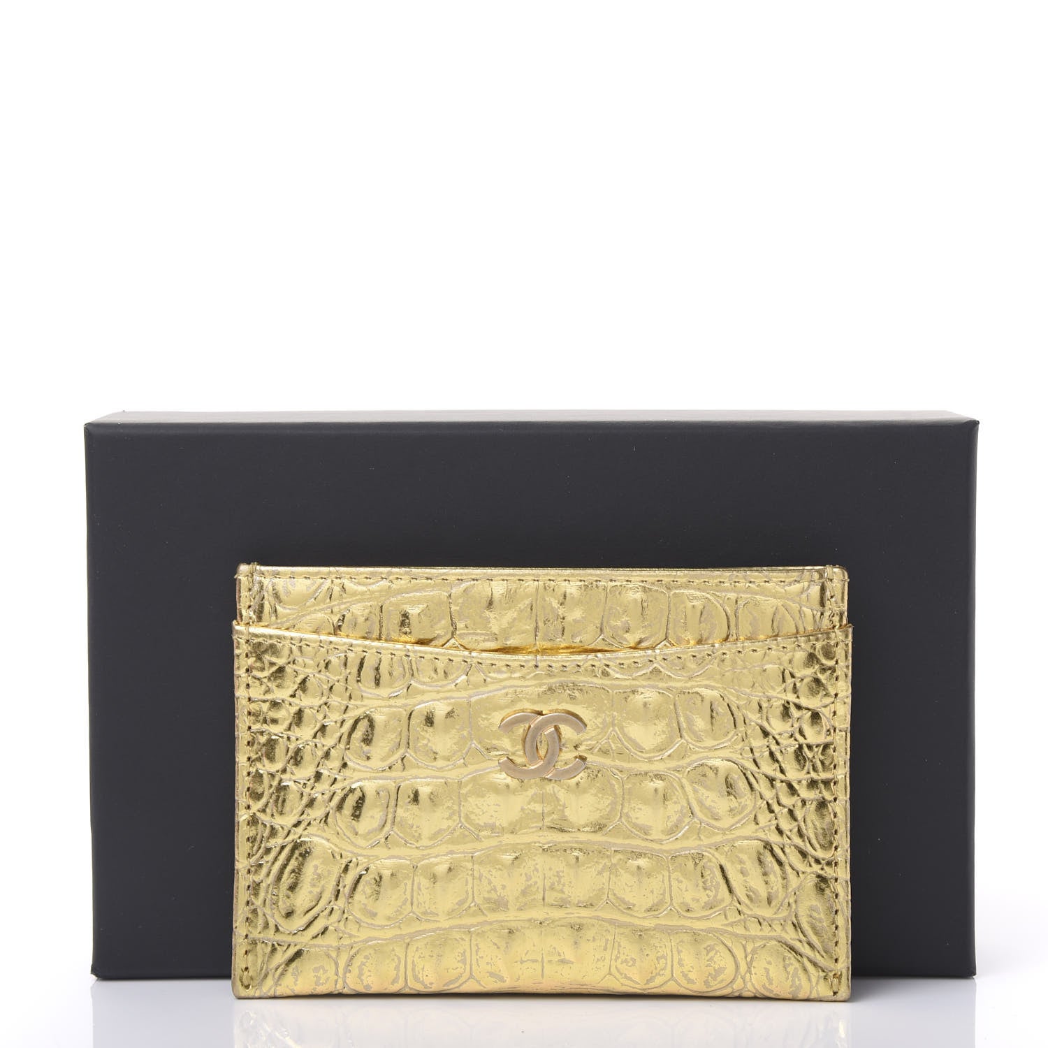 Chanel Metallic Calfskin Crocodile Embossed Cocodile Card Holder Gold 12 of 12