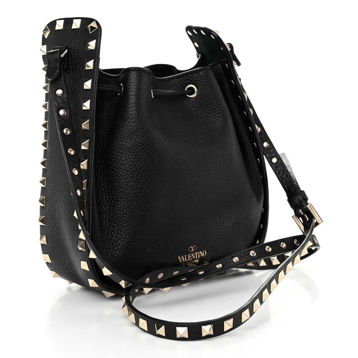 Grained Calfskin Rockstud Bucket Bag Black