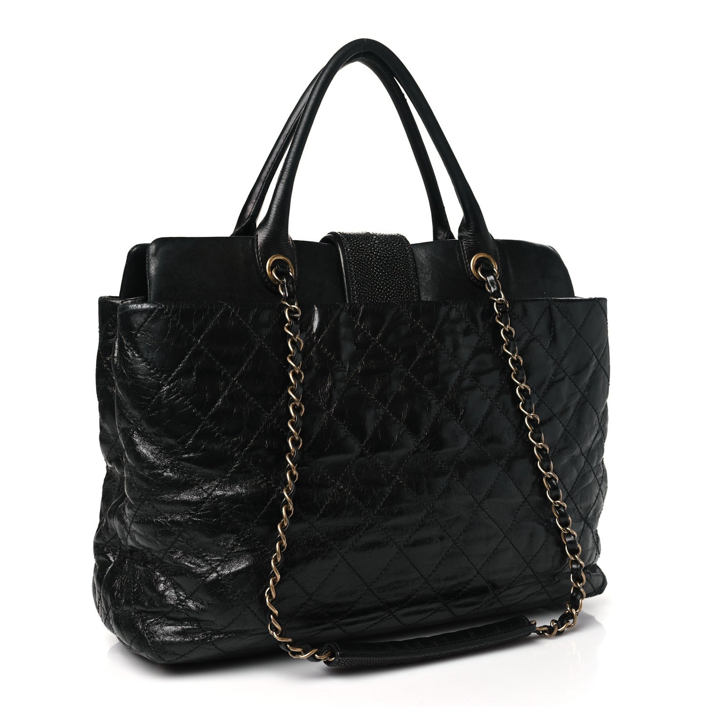 Glazed Calfskin Stingray Large Bindi CC Tote Black
