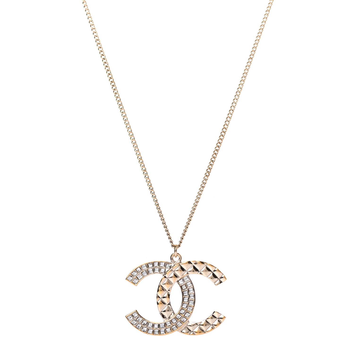 Chanel Baguette Crystal Quilted CC Pendant Necklace Gold 1 of 5