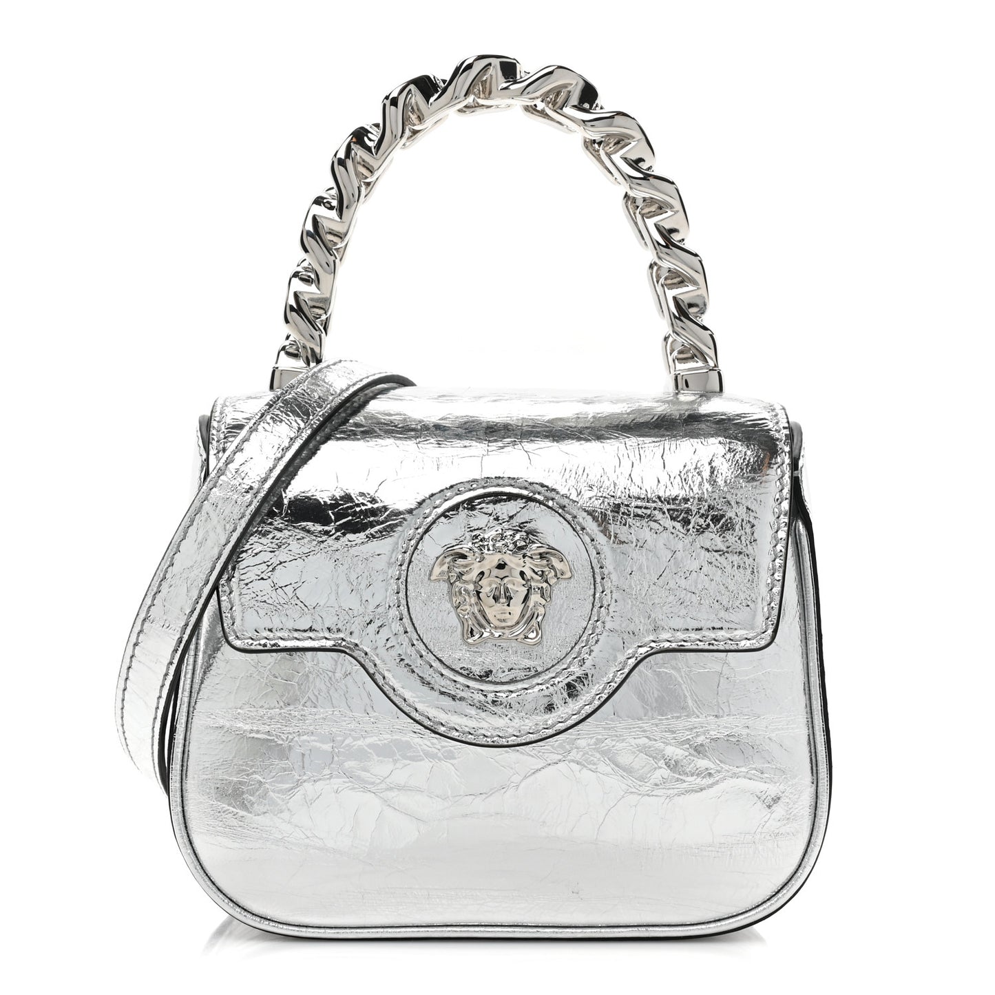 Metallic Crackled Lambskin Mini La Medusa Silver