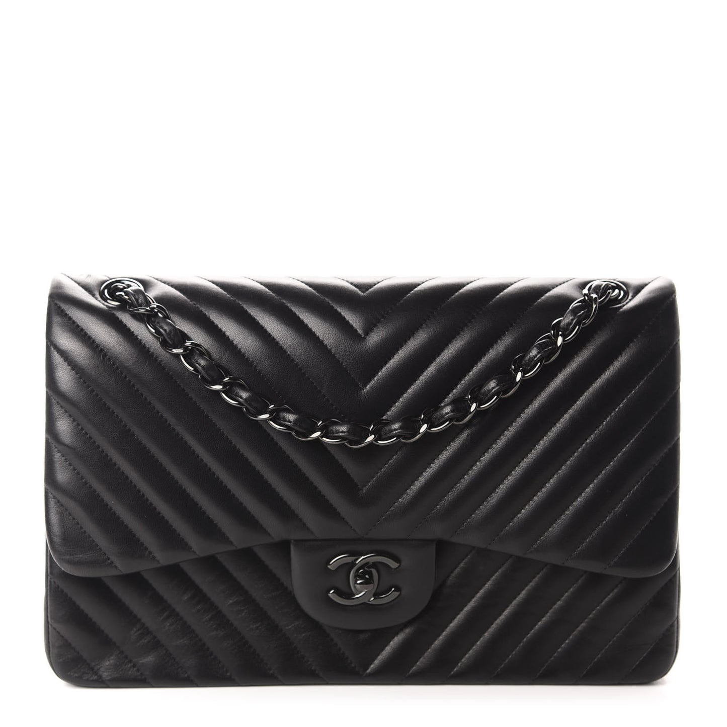 Lambskin Chevron Quilted Jumbo Double Flap So Black