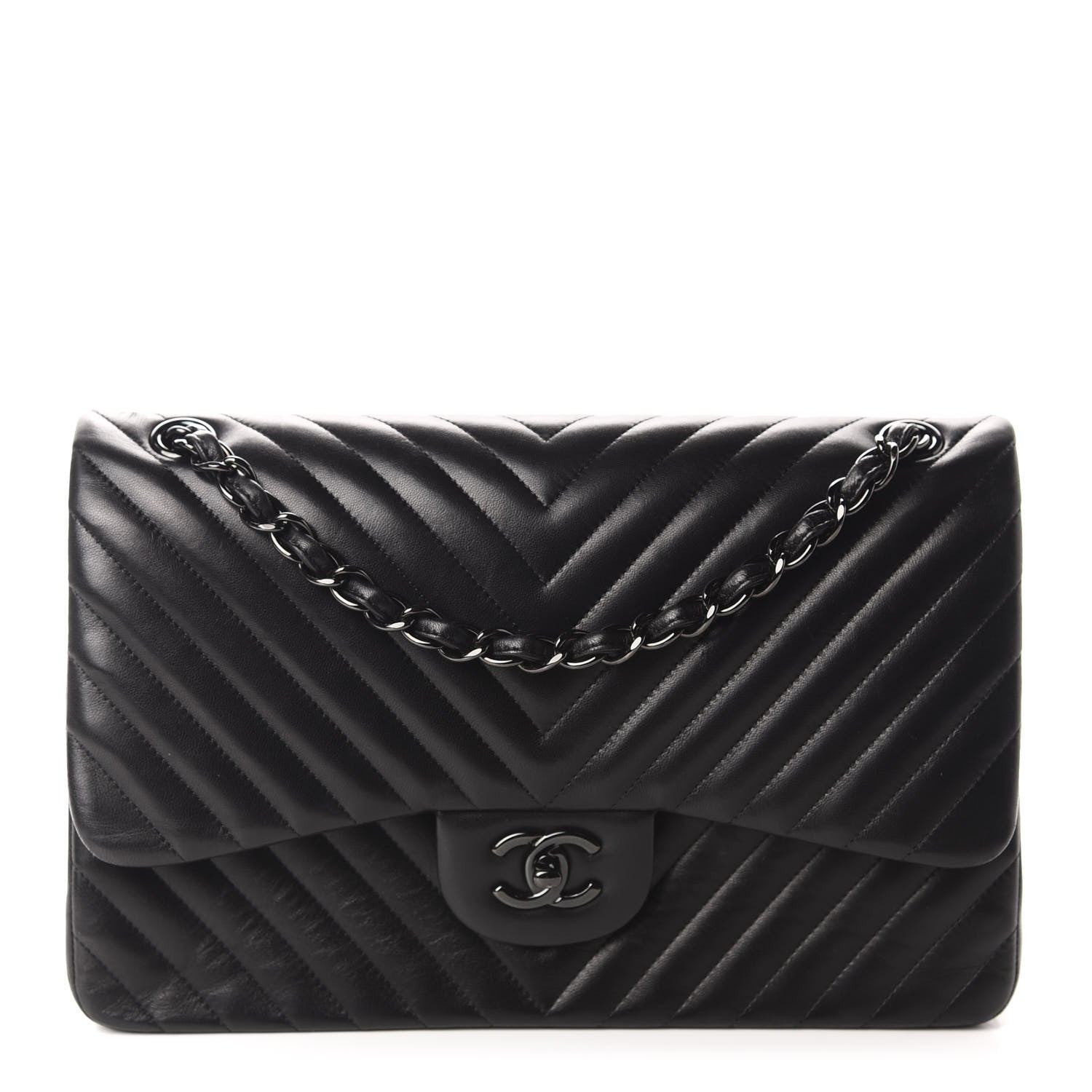 Chanel Lambskin Chevron Quilted Jumbo Double Flap So Black 1 of 19
