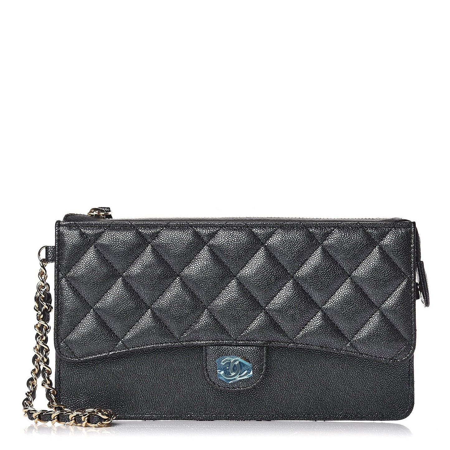 Iridescent Caviar Quilted Classic Pouch With Handle Black