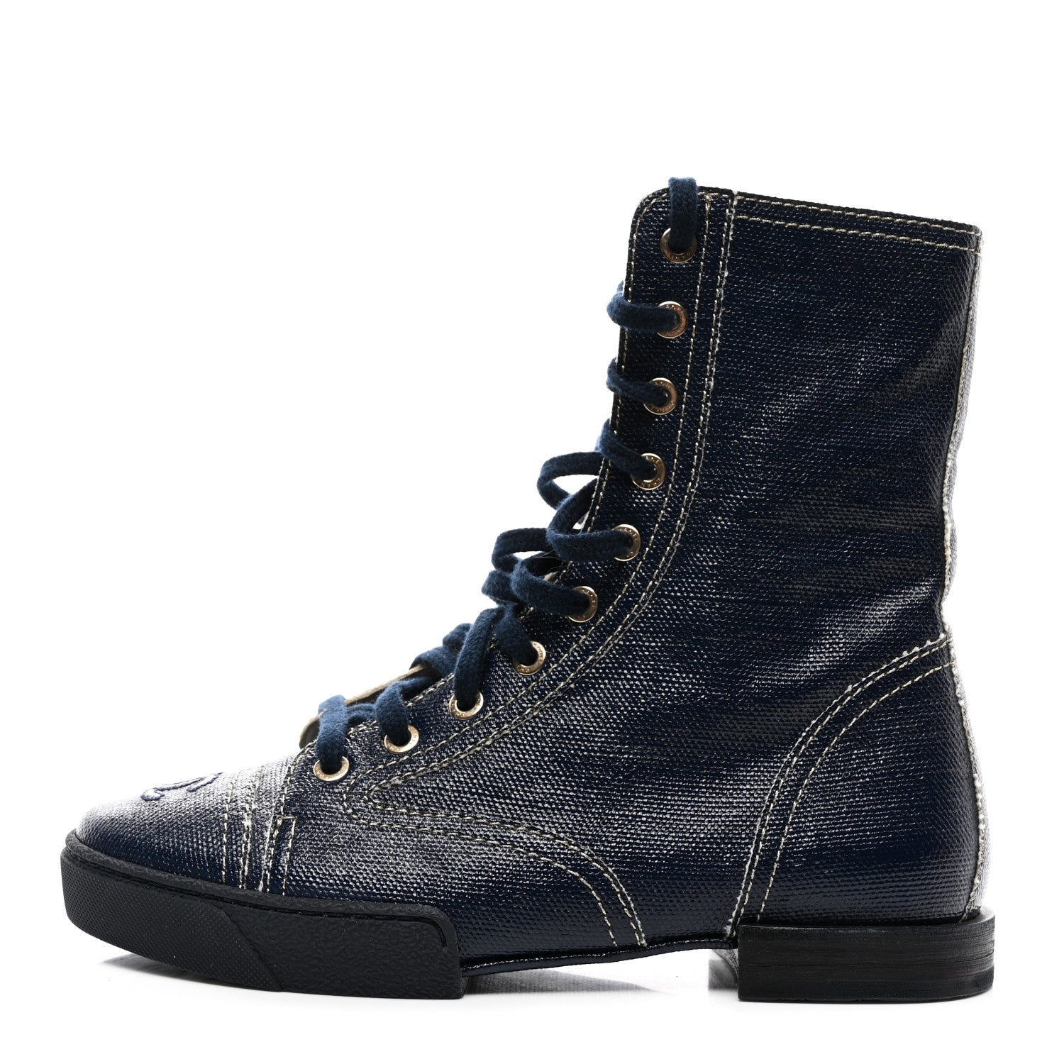 Chanel Coated Canvas Lace Up Combat Boots 37 Navy 1 of 8