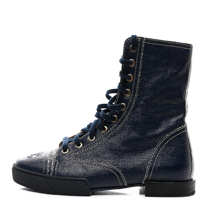 Chanel Coated Canvas Lace Up Combat Boots 37 Navy 1 of 8