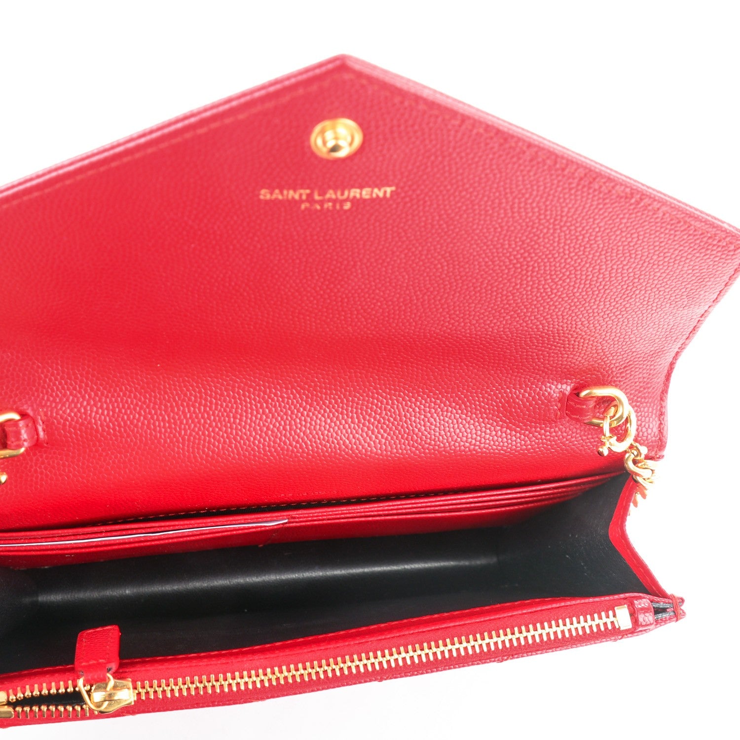 Saint Laurent Grain De Poudre Matelasse Chevron Monogram Envelope Chain Wallet New Red 5 of 7