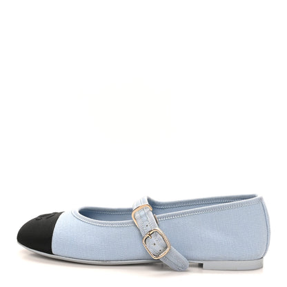 Chanel Fabric Grosgrain Mary Jane Flats 37 Light Blue Black 1 of 10