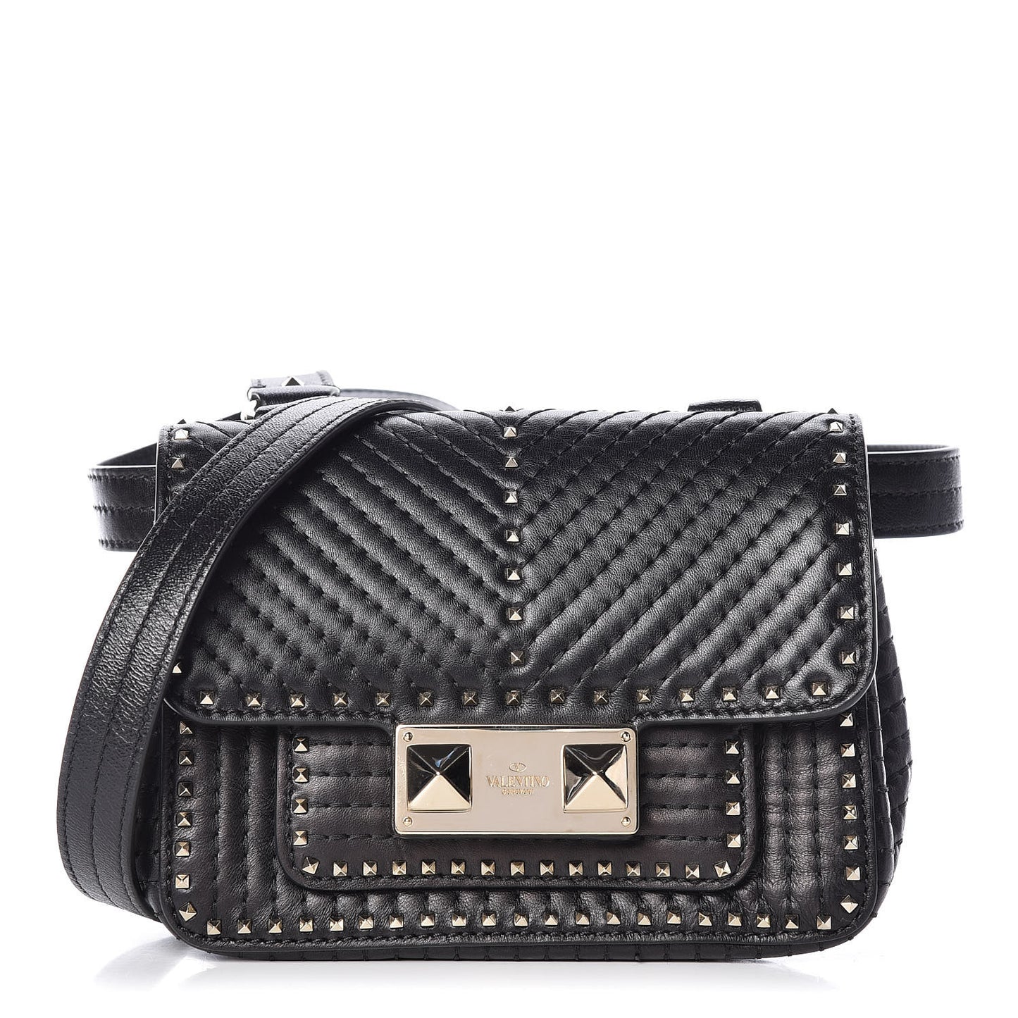 Lambskin ZiggyStud Rockstud Convertible Crossbody Belt Bag Black