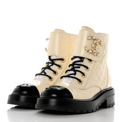Chanel Shiny Lambskin Quilted Lace Up Combat Boots 35 Ivory Black 3 of 9