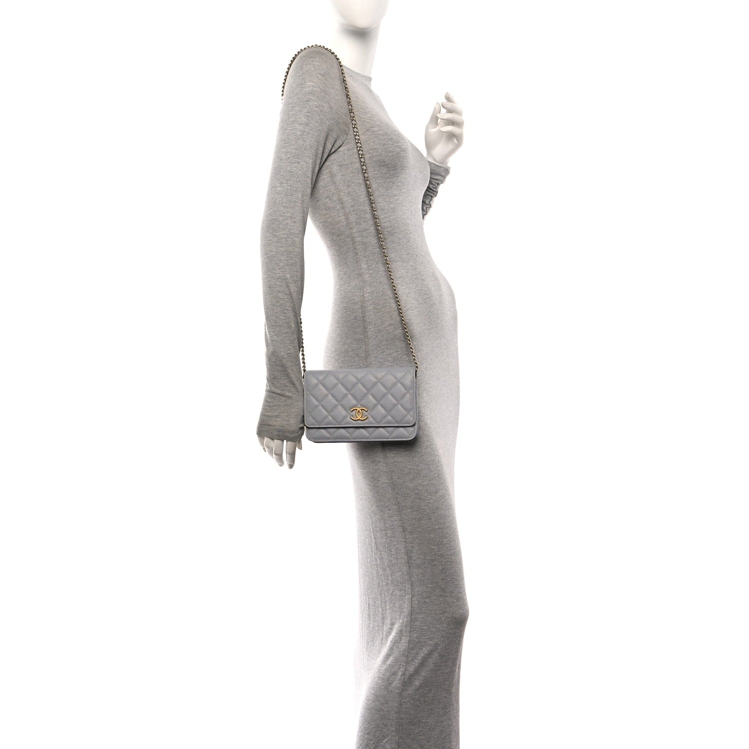 Chanel Caviar Quilted Textured CC Wallet On Chain WOC Grey 2 of 12