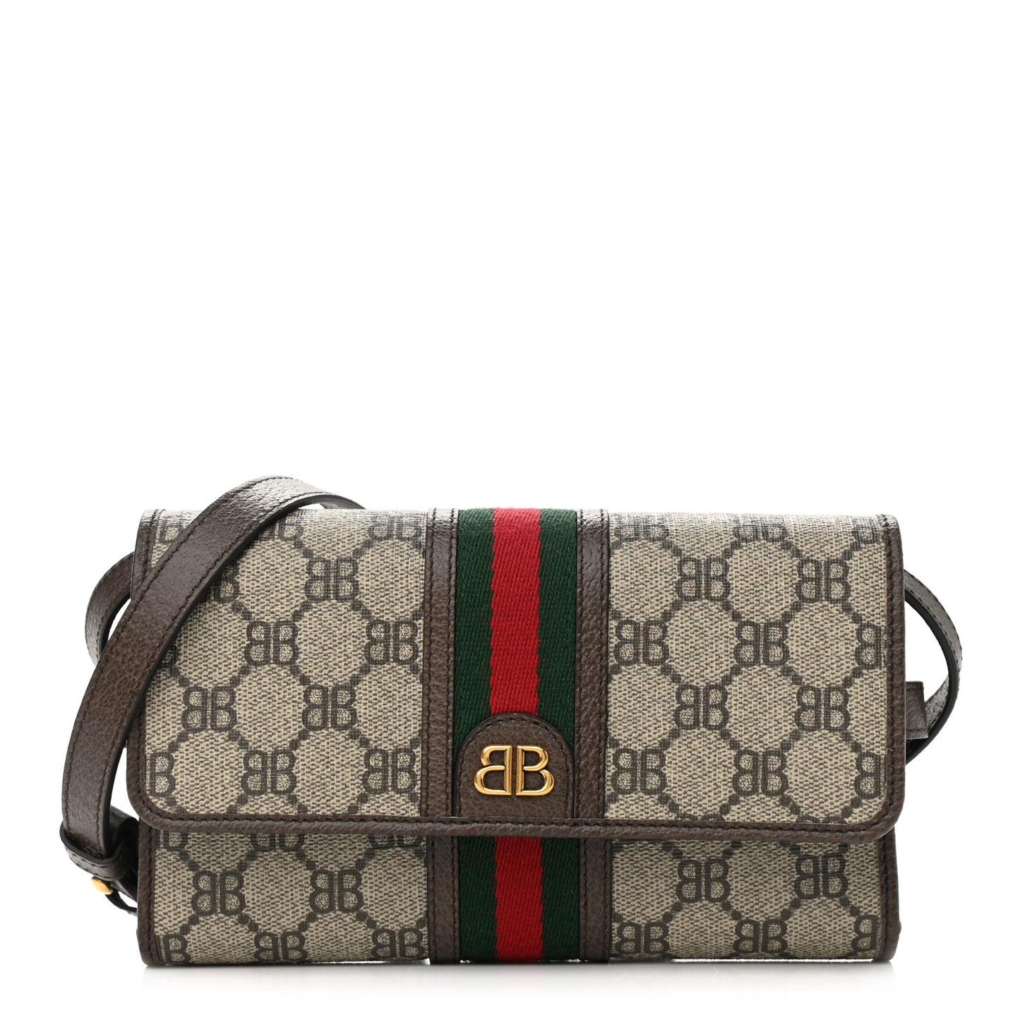 X BALENCIAGA BB Supreme Monogram Web Ophidia Crossbody Wallet Beige New Acero