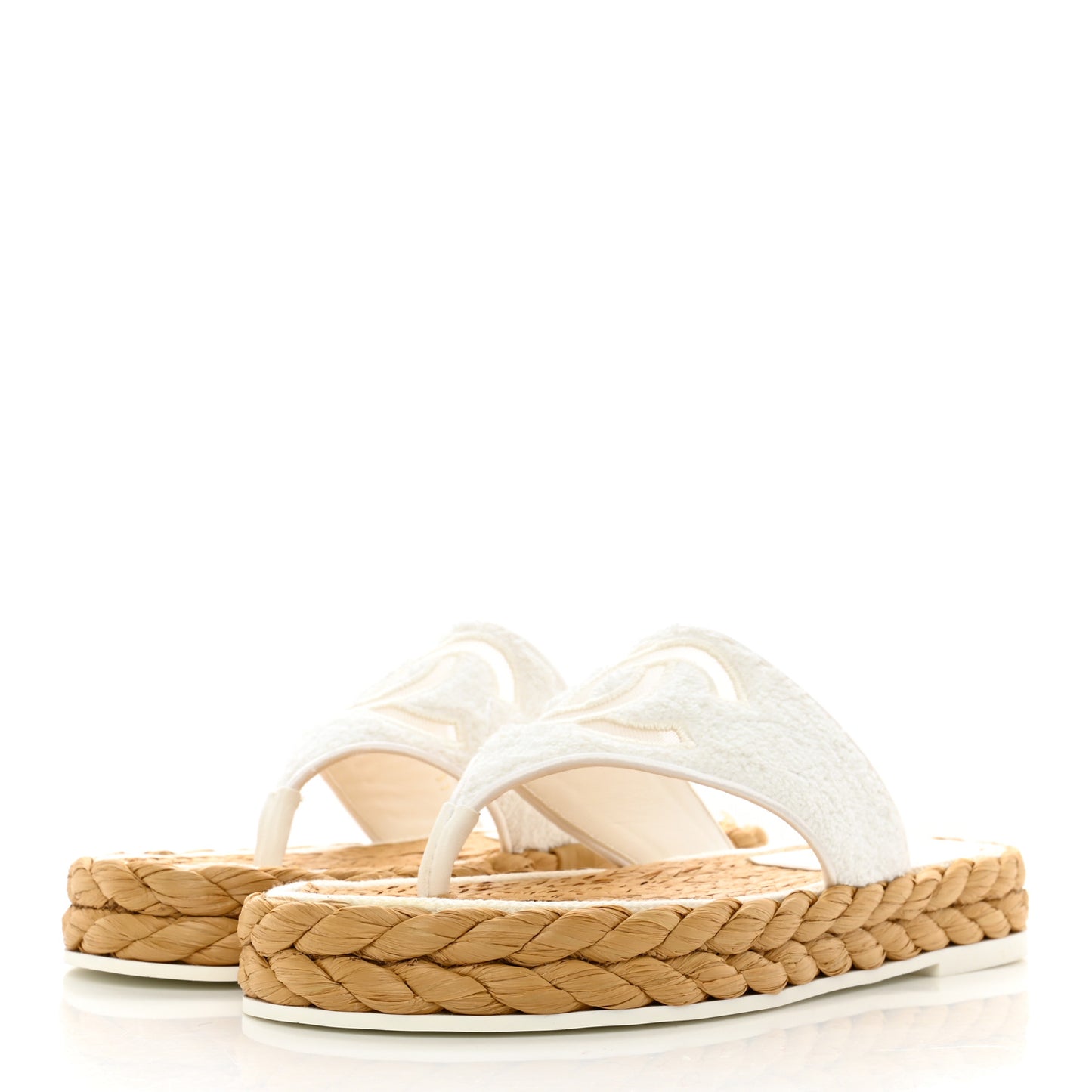Terry Cloth Raffia CC Logo Thong Sandals 37 White
