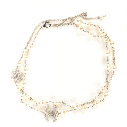 Chanel Crystal Pearl CC Long Necklace Silver 1 of 5