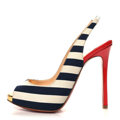 Christian Louboutin Toile Rayee Patent Sling 120 Pumps 36.5 Navy 1 of 8
