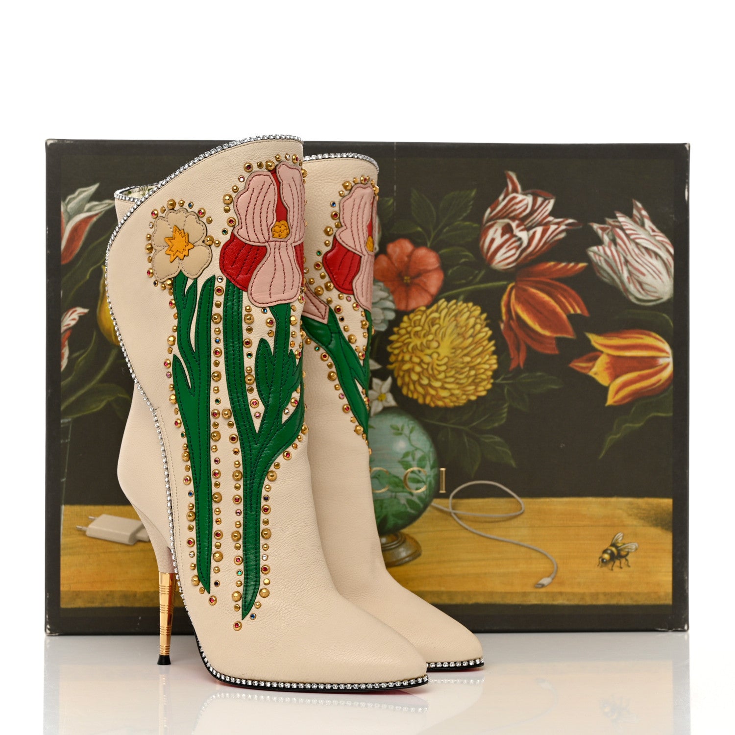 Gucci Calfskin Floral Crystal Embroidered Fosca Boots 36.5 Mystic White 12 of 12