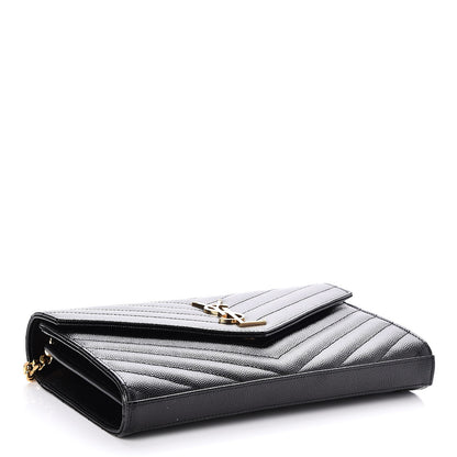 Saint Laurent Grain De Poudre Matelasse Chevron Monogram Chain Wallet Black 4 of 7