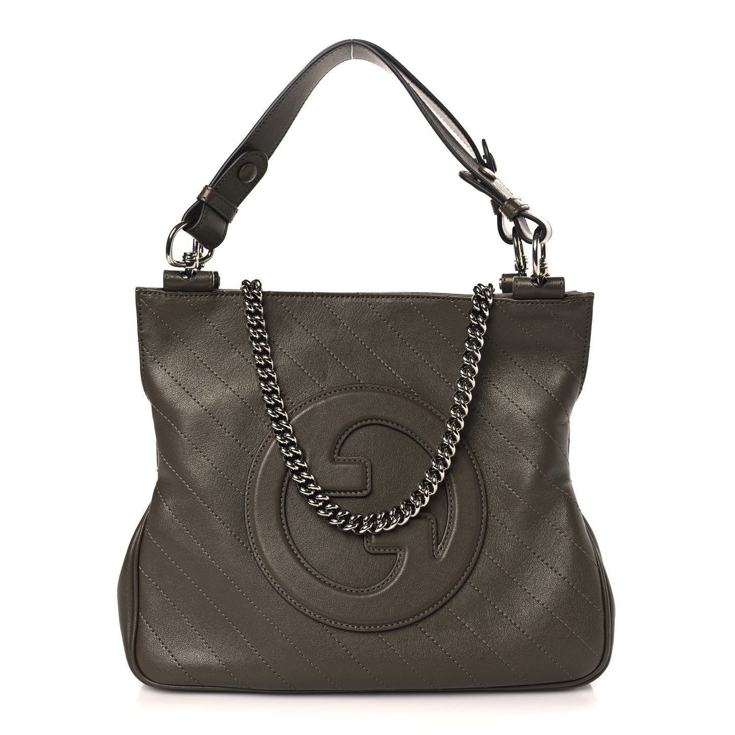 Sakai Be Green Calfskin Diagonal Stitched Small Blondie Tote Craclet Brown