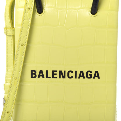 Balenciaga Calfskin Crocodile Embossed Logo Shopping Phone Holder Bag Lime 9 of 9