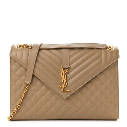 Saint Laurent Grain De Poudre Textured Mixed Matelasse Triquilt Large Monogram Satchel Natural Tan 1 of 11
