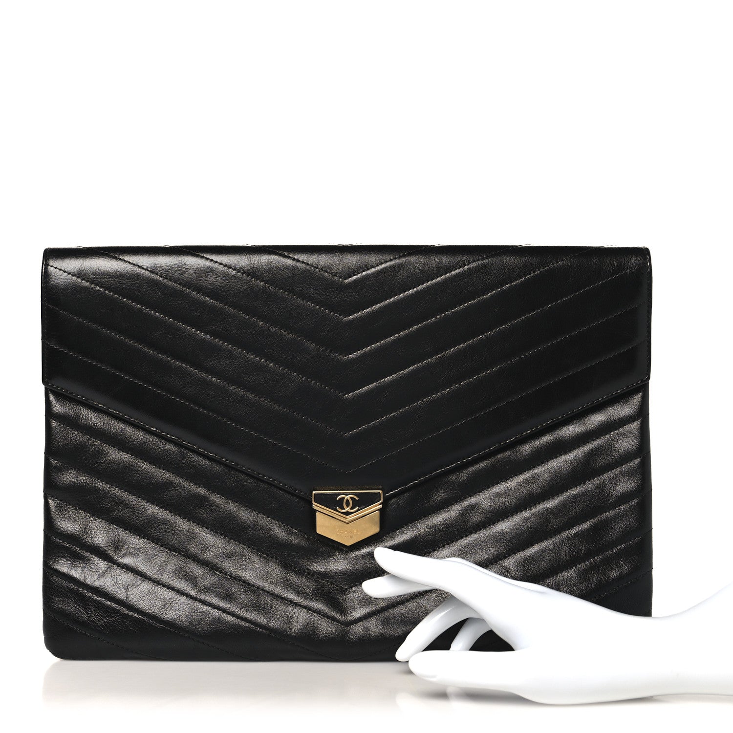 Chanel Calfskin Chevron Quilted Medal Flap Clutch Black 2 of 9