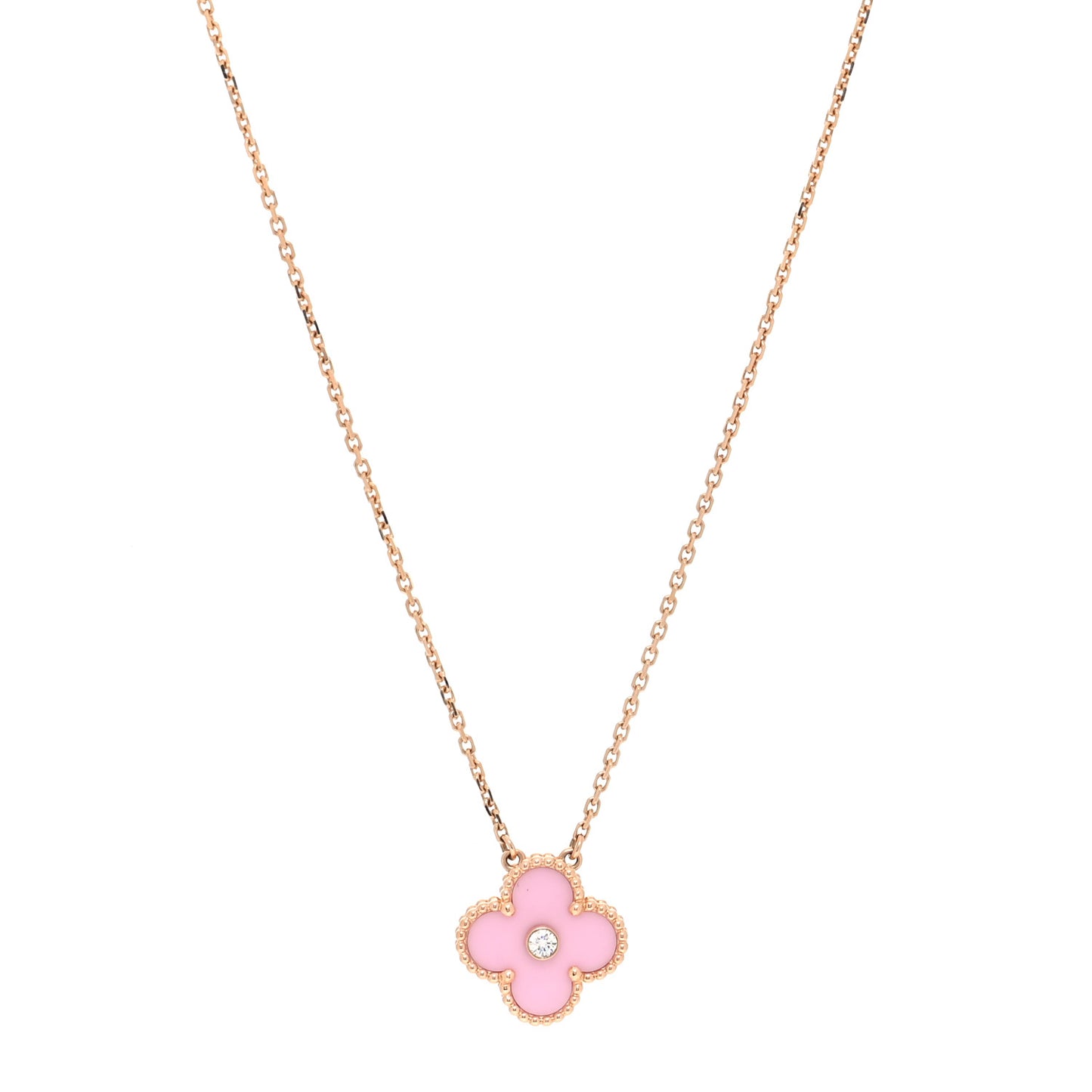 18K Rose Gold Diamond Pink Porcelain Vintage Alhambra Pendant Necklace