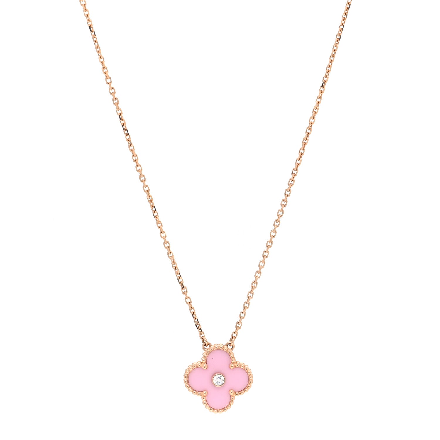 Van Cleef & Arpels 18K Rose Gold Diamond Pink Porcelain Vintage Alhambra Pendant Necklace 1 of 5