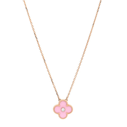 Van Cleef & Arpels 18K Rose Gold Diamond Pink Porcelain Vintage Alhambra Pendant Necklace 1 of 5