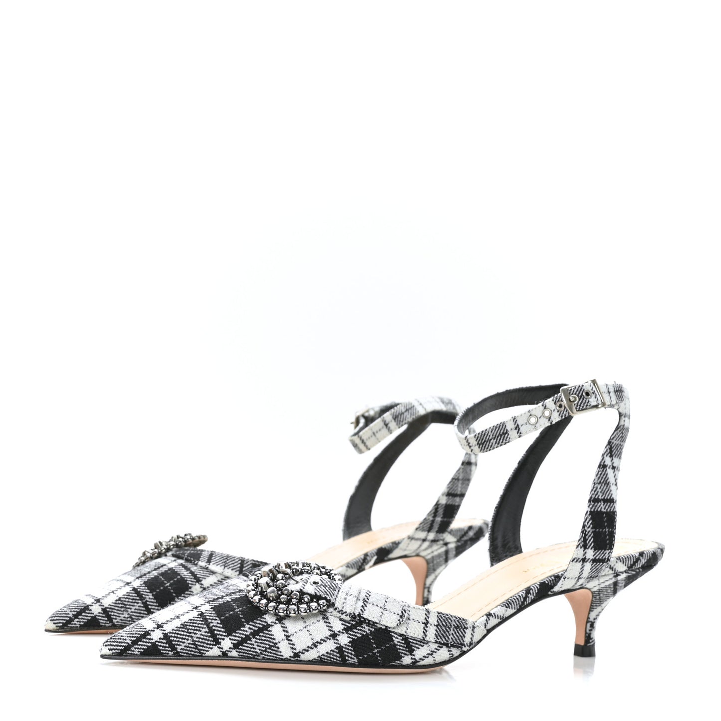 Canvas Tartan Gang Ankle Strap Slingback Pumps 40 Black